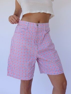 Vintage pink plaid cotton Bermuda shorts
